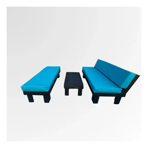 Juego Terraza Madera Negro Departamento Balcones + Cojines Negro Cojin Azul 3