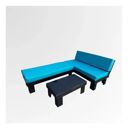 Juego Terraza Madera Negro Departamento Balcones + Cojines Negro Cojin Azul 4