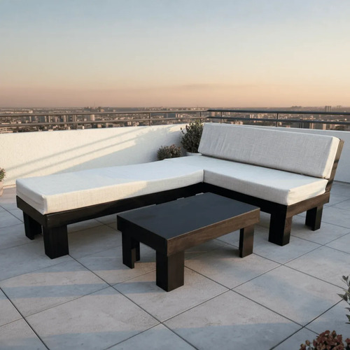 Juego Terraza Madera Negro Departamento Balcones + Cojines Negro Cojin Beige 5