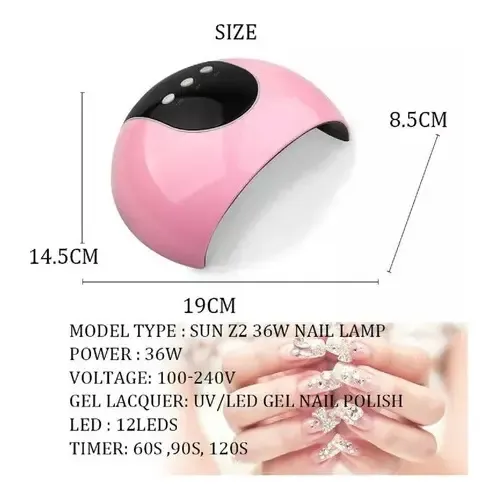 Lámpara De Uñas Acrílicas 36w 12 Led Modelo Z2 Usb Rosado 6