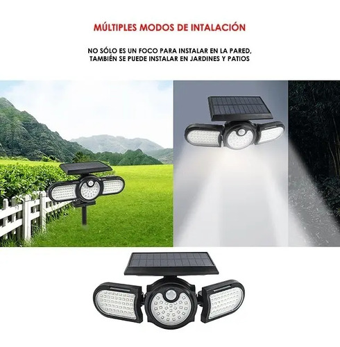 Luz Solar Foco Triple Cabezal Ajustable Sensor Movimientos 2