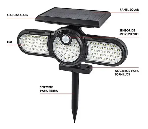 Luz Solar Foco Triple Cabezal Ajustable Sensor Movimientos 4