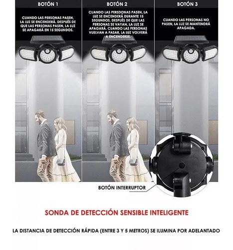 Luz Solar Foco Triple Cabezal Ajustable Sensor Movimientos 5