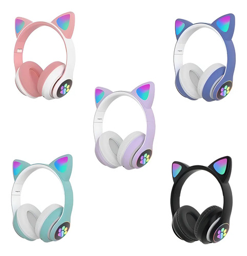Auriculares Bluetooth Inalámbricos Cats Orejas De Gato Luz Led Celeste