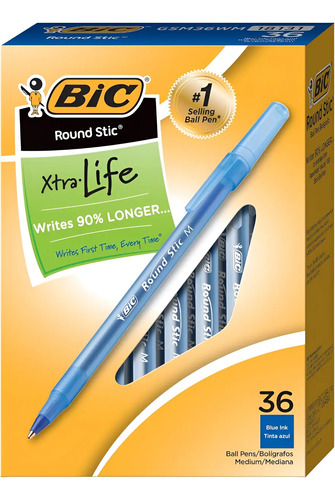 [MLC1582598289] Bic Round Stic Xtra Caja 36 Unidades Lapiz Boligrafo Azul - Azul Acero - Azul