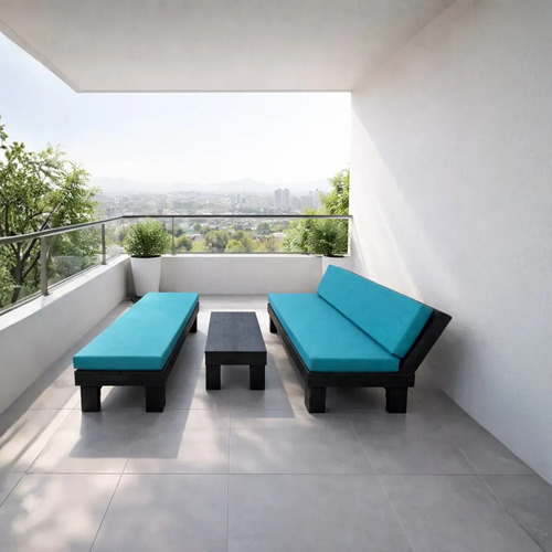 [MLC1903303325] Juego Terraza Madera Negro Departamento Balcones + Cojines Negro Cojin Azul