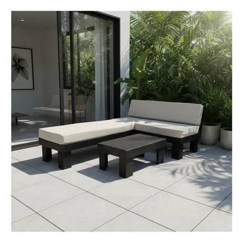 [MLC1908313819] Set Living Terraza Rustica Industrial Cojines Y 100% Madera Negro