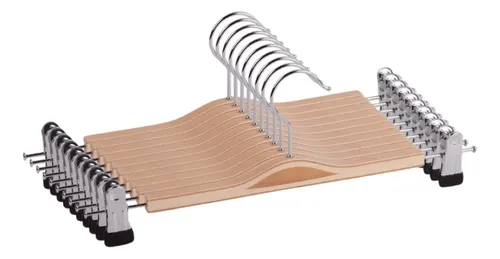 [MLC3882887926] 10 Colgadores Madera Metal Falda Pantalón Con Pinzas Madera